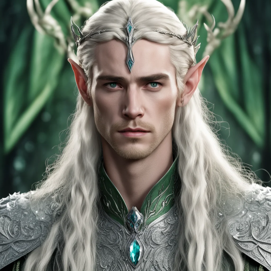 king thranduil with blond hair and braids wearing large front facing silver wood elven circlet encrusted with diamonds with large center greenish diamond