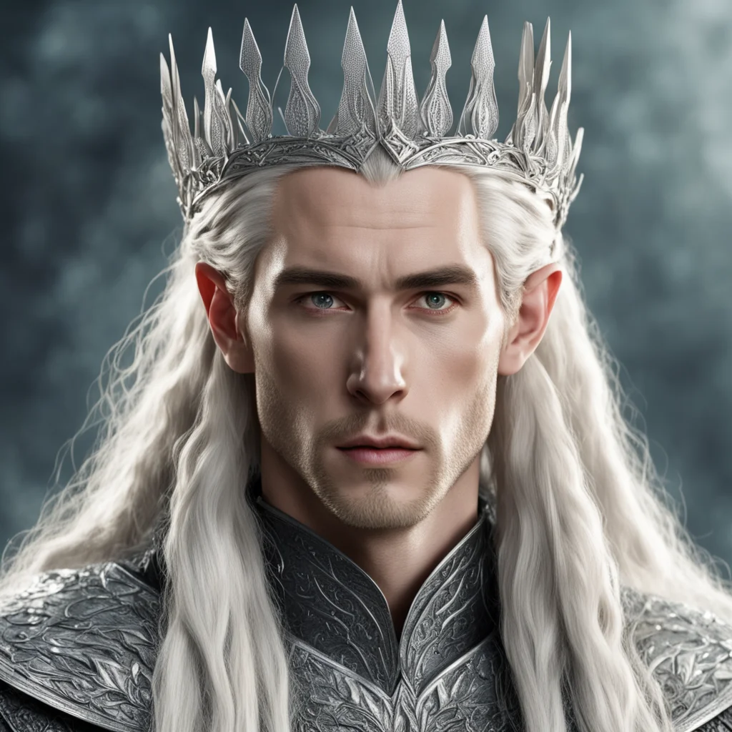 king thranduil with blond hair and braids wearing large silver elvish hair fork on crown of head with large diamonds amazing awesome portrait 2