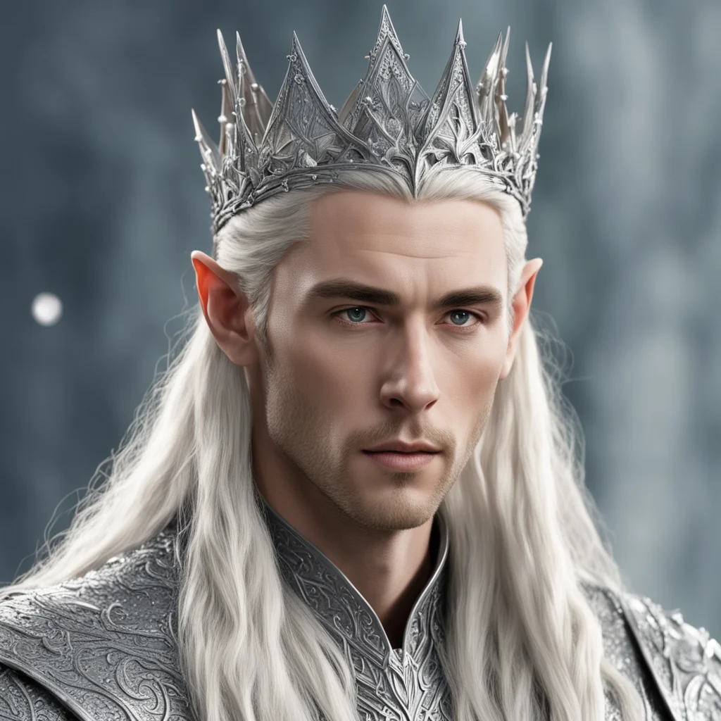 aiking thranduil with blond hair and braids wearing large silver elvish hair fork on crown of head with large diamonds good looking trending fantastic 1