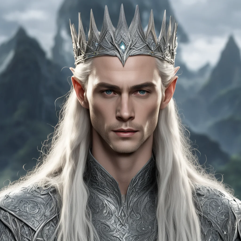king thranduil with blond hair and braids wearing large silver elvish hair fork on crown of head with large diamonds