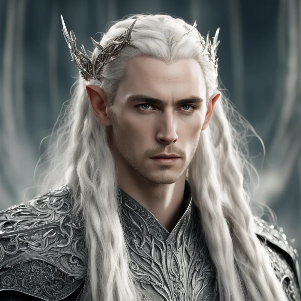 king thranduil with blond hair and braids wearing large silver elvish hair forks encrusted with diamonds  amazing awesome portrait 2