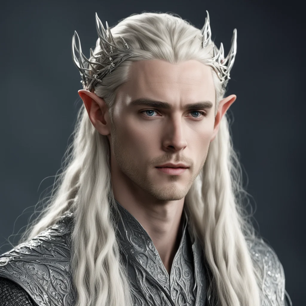 king thranduil with blond hair and braids wearing large silver elvish hair forks encrusted with diamonds  confident engaging wow artstation art 3