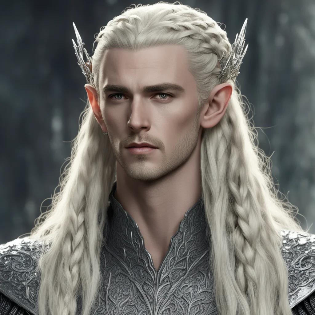 king thranduil with blond hair and braids wearing large silver elvish hair forks encrusted with diamonds  good looking trending fantastic 1