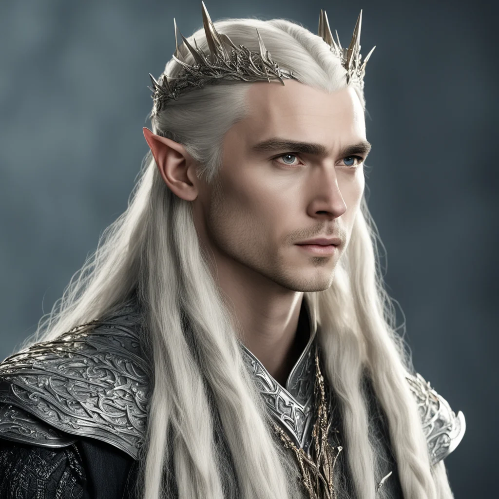 king thranduil with blond hair and braids wearing large silver elvish hair forks encrusted with diamonds 