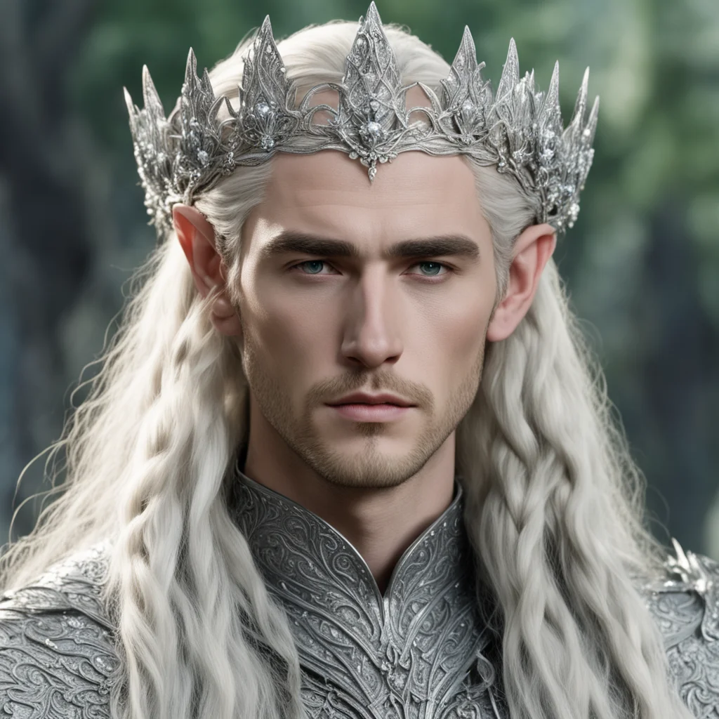 king thranduil with blond hair and braids wearing large silver flower elvish coronet encrusted with diamonds with large center diamond cluster amazing awesome portrait 2