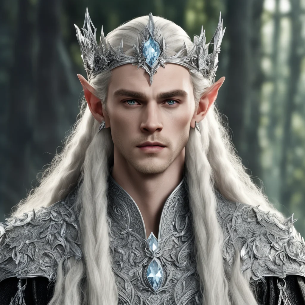 aiking thranduil with blond hair and braids wearing large silver flower elvish coronet encrusted with diamonds with large center diamond cluster confident engaging wow artstation art 3