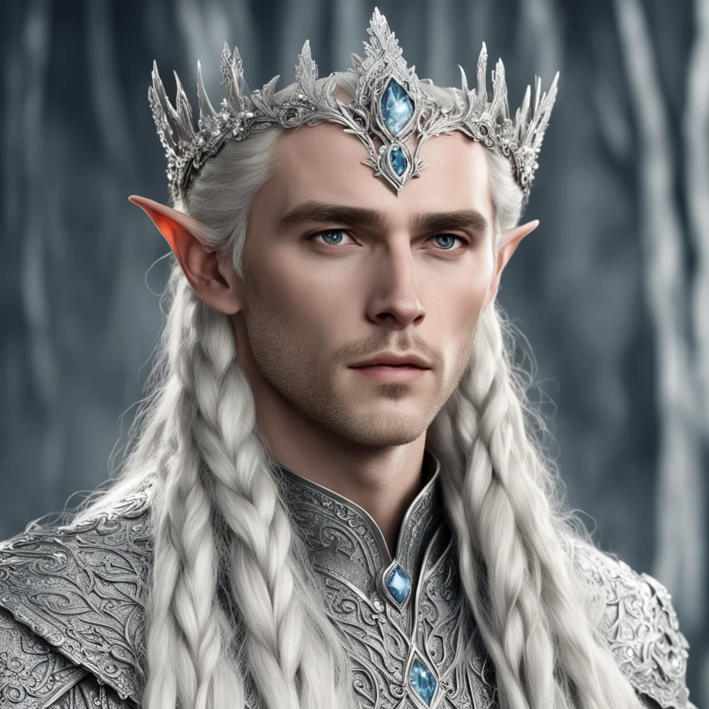 king thranduil with blond hair and braids wearing large silver flower elvish coronet encrusted with diamonds with large center diamond cluster good looking trending fantastic 1