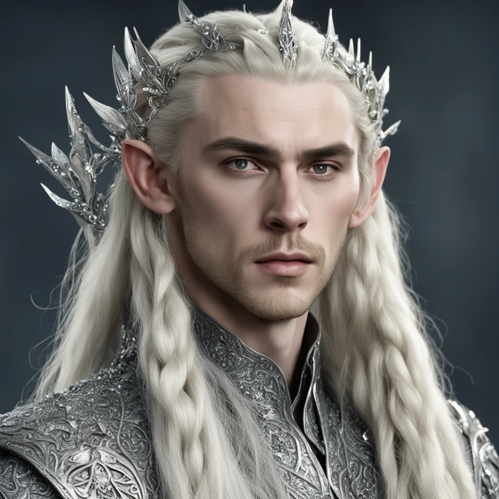 king thranduil with blond hair and braids wearing large silver flower elvish hair fork encrusted with large diamonds confident engaging wow artstation art 3