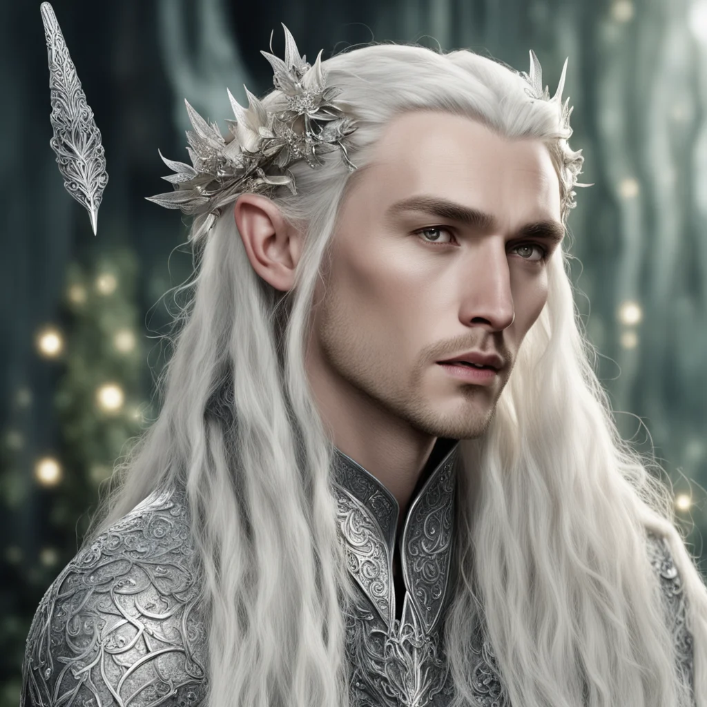 king thranduil with blond hair and braids wearing large silver flower elvish hair fork encrusted with large diamonds good looking trending fantastic 1