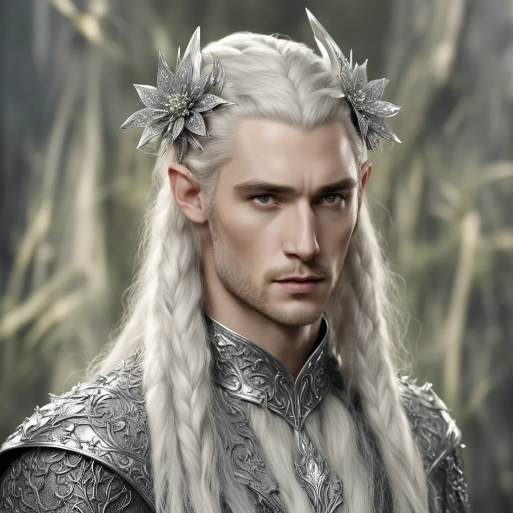 king thranduil with blond hair and braids wearing large silver flower elvish hair fork encrusted with large diamonds