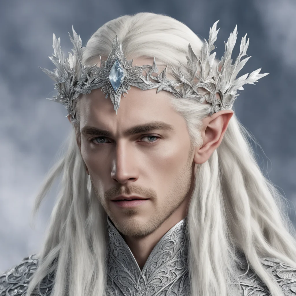 king thranduil with blond hair and braids wearing large silver flowers encrusted with diamonds to form silver elvish circlet with large center diamond good looking trending fantastic 1