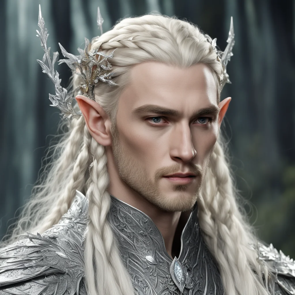 king thranduil with blond hair and braids wearing large silver leaf elvish hair forks encrusted with diamonds that is connected to large center diamond confident engaging wow artstation art 3