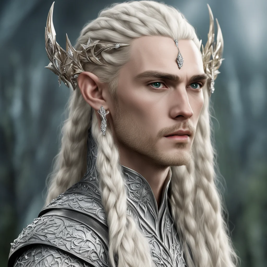 king thranduil with blond hair and braids wearing large silver leaf elvish hair forks encrusted with diamonds that is connected to large center diamond good looking trending fantastic 1