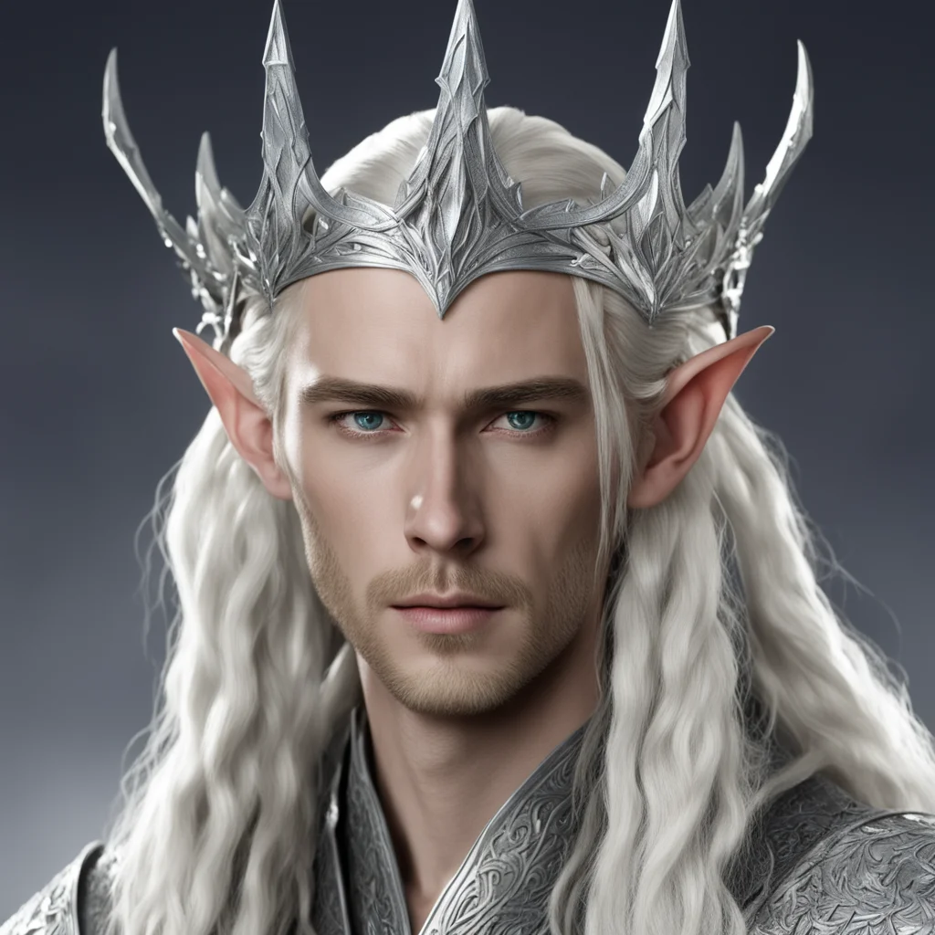 king thranduil with blond hair and braids wearing large silver nandorin elvish crown with large diamonds 