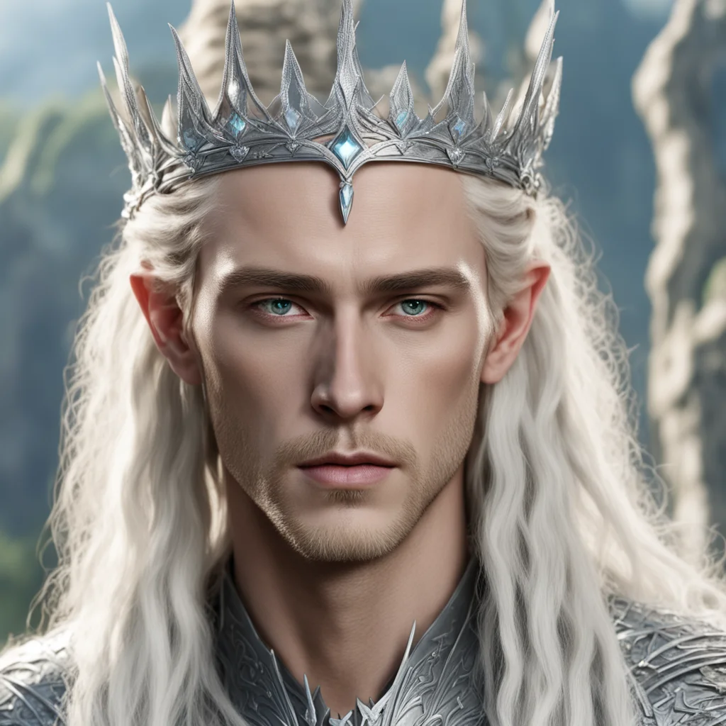 king thranduil with blond hair and braids wearing large silver nandorin elvish crown with large diamonds amazing awesome portrait 2