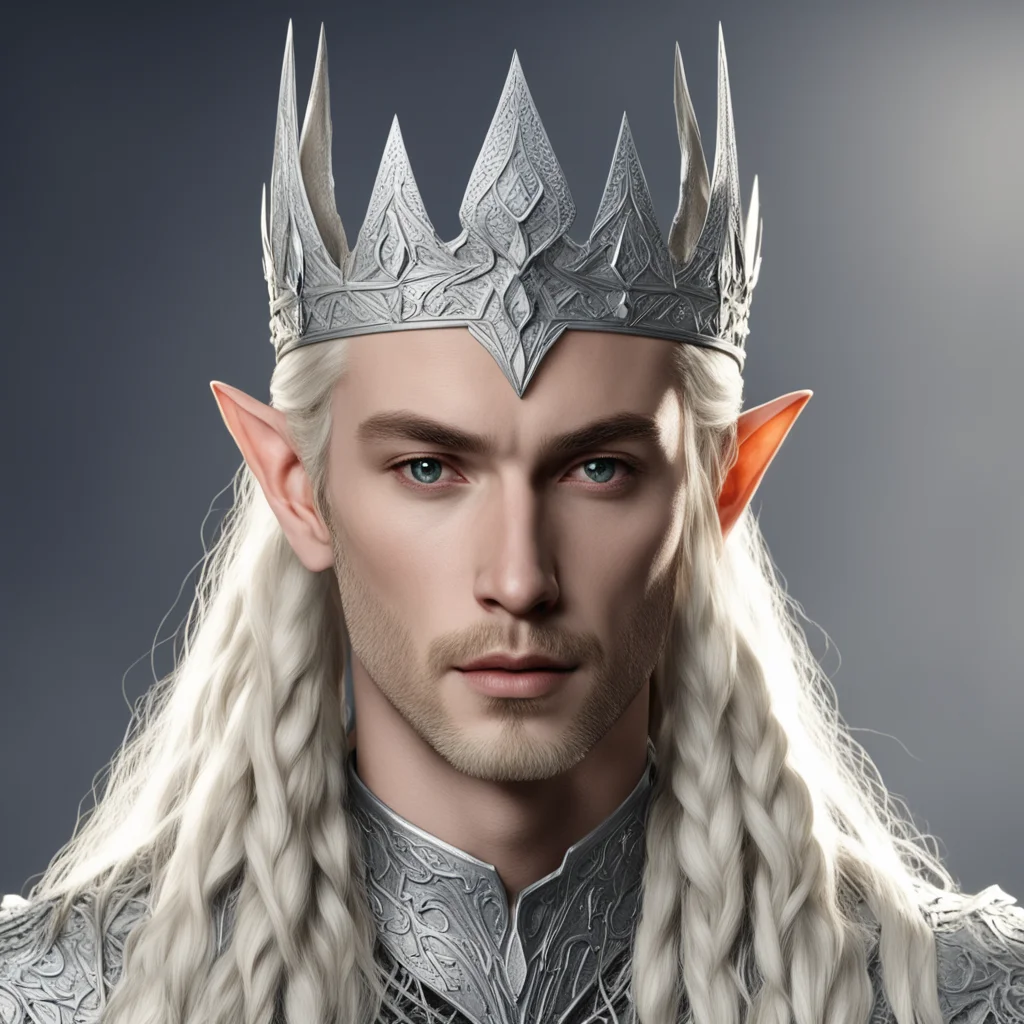 king thranduil with blond hair and braids wearing large silver nandorin elvish crown with large diamonds confident engaging wow artstation art 3