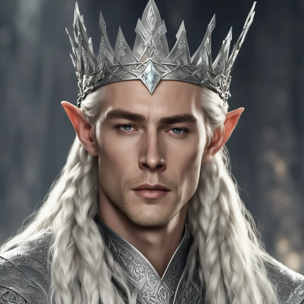 king thranduil with blond hair and braids wearing large silver nandorin elvish crown with large diamonds good looking trending fantastic 1