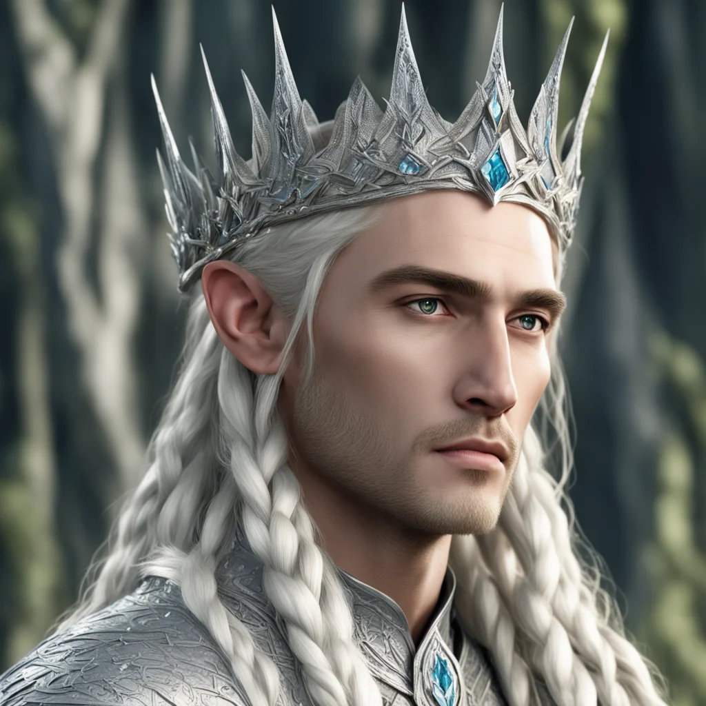 king thranduil with blond hair and braids wearing large silver sindarin crown with large diamonds amazing awesome portrait 2