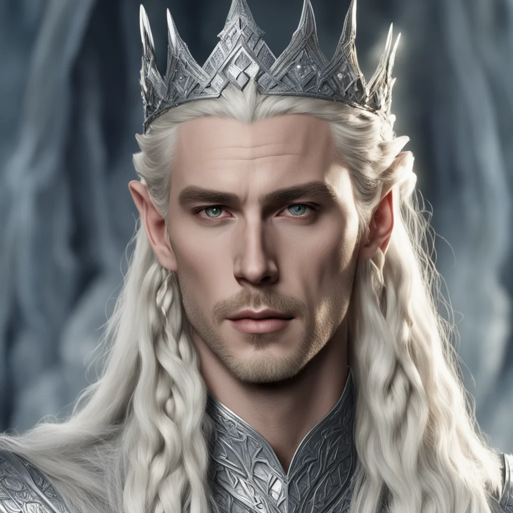 king thranduil with blond hair and braids wearing large silver sindarin crown with large diamonds confident engaging wow artstation art 3
