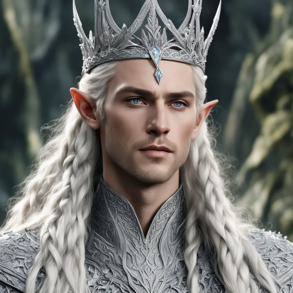 king thranduil with blond hair and braids wearing large silver sindarin elvish crown encrusted with diamonds with large center diamond amazing awesome portrait 2
