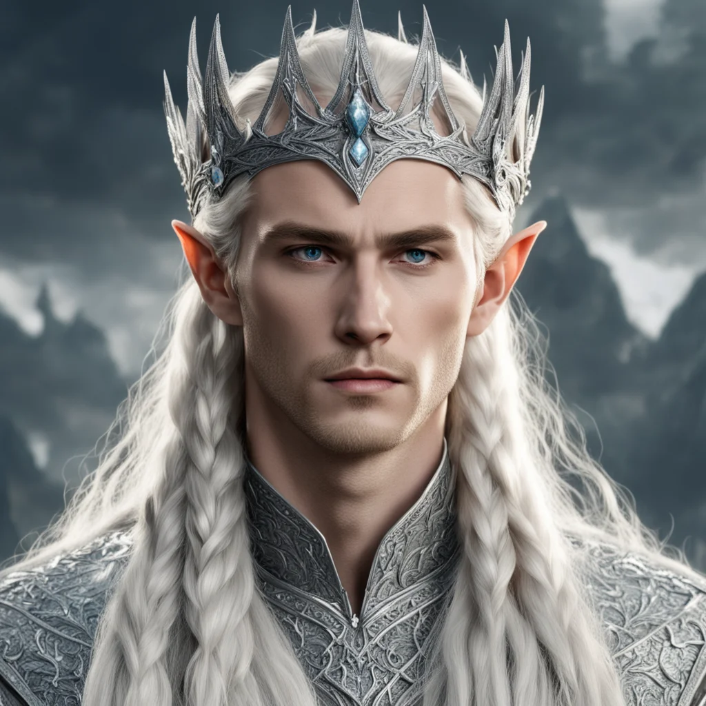 king thranduil with blond hair and braids wearing large silver sindarin elvish crown encrusted with diamonds with large center diamond confident engaging wow artstation art 3