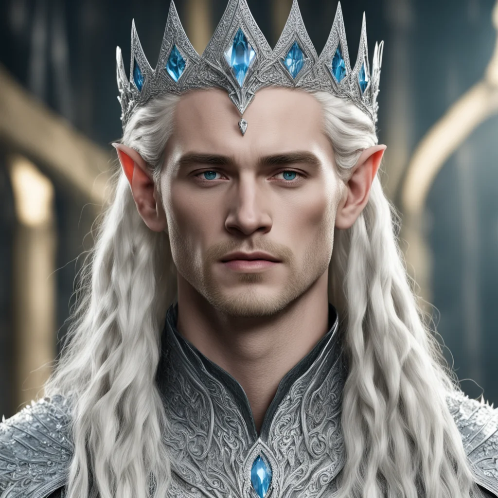 king thranduil with blond hair and braids wearing large silver sindarin elvish crown encrusted with diamonds with large center diamond good looking trending fantastic 1