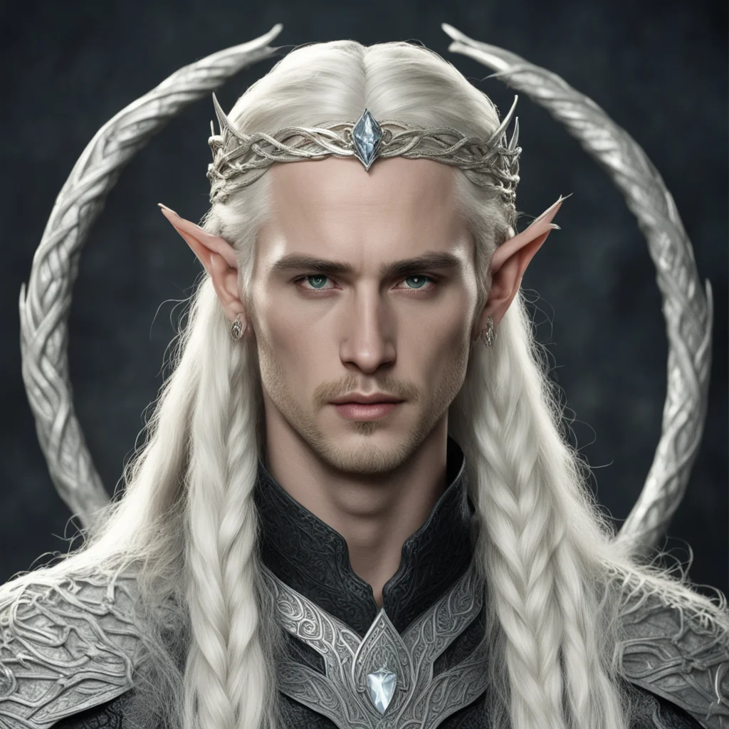 aiking thranduil with blond hair and braids wearing large silver twisted serpentine elvish circlet with large center diamond confident engaging wow artstation art 3