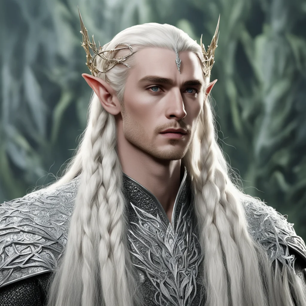 king thranduil with blond hair and braids wearing large silver vine elvish hair forks encrusted with large diamonds connected to large center diamond amazing awesome portrait 2