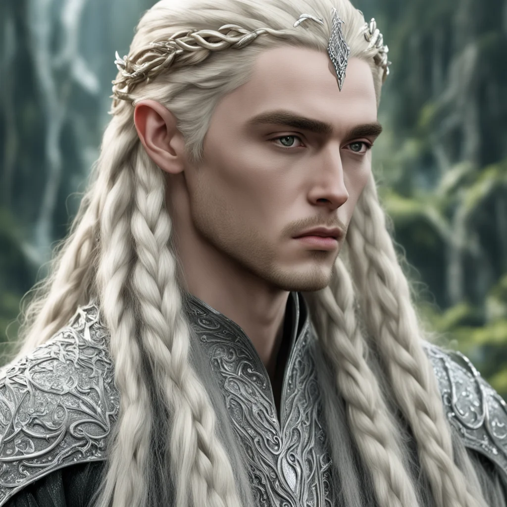 king thranduil with blond hair and braids wearing large silver vine elvish hair forks encrusted with large diamonds connected to large center diamond confident engaging wow artstation art 3