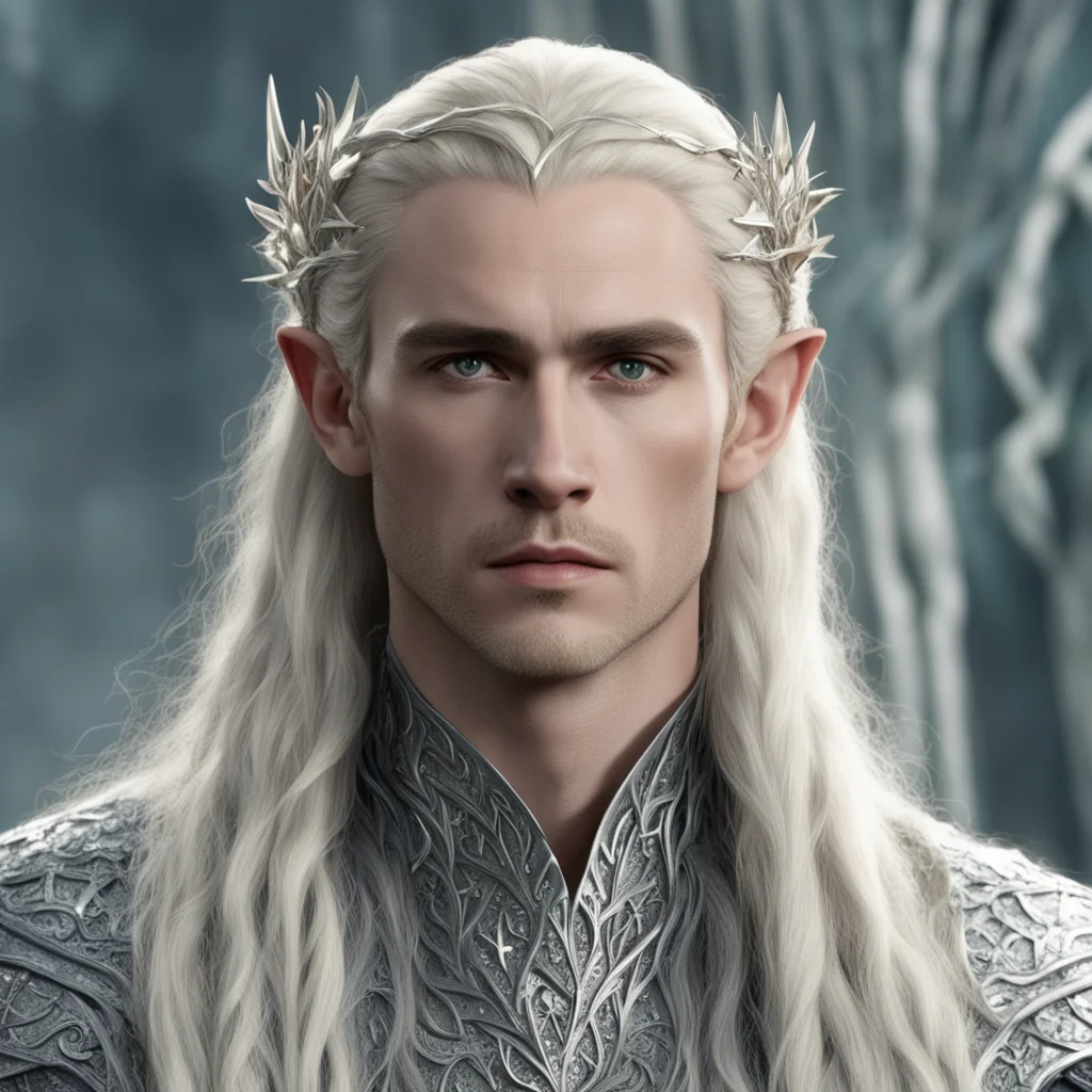 king thranduil with blond hair and braids wearing large silver vine elvish hair forks encrusted with large diamonds connected to large center diamond good looking trending fantastic 1