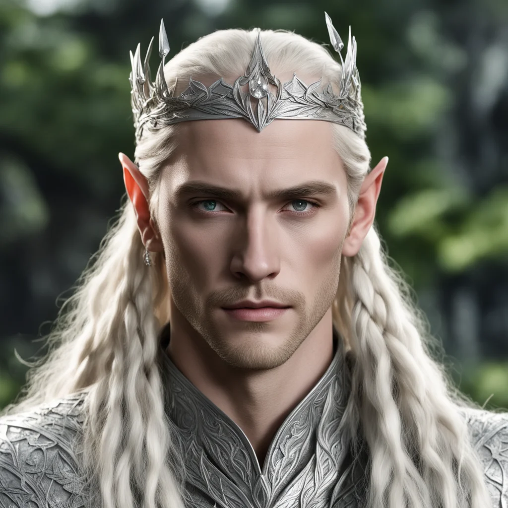 king thranduil with blond hair and braids wearing laurel leaf elvish circlet made of silver with large diamonds amazing awesome portrait 2