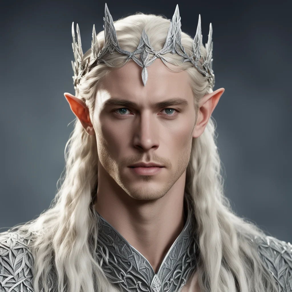 king thranduil with blond hair and braids wearing laurel leaf elvish circlet made of silver with large diamonds confident engaging wow artstation art 3