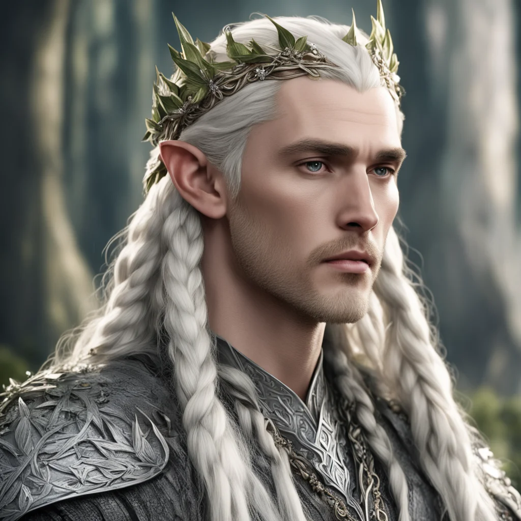 king thranduil with blond hair and braids wearing laurel leaves made of silver and berries made of large diamonds in the hair amazing awesome portrait 2