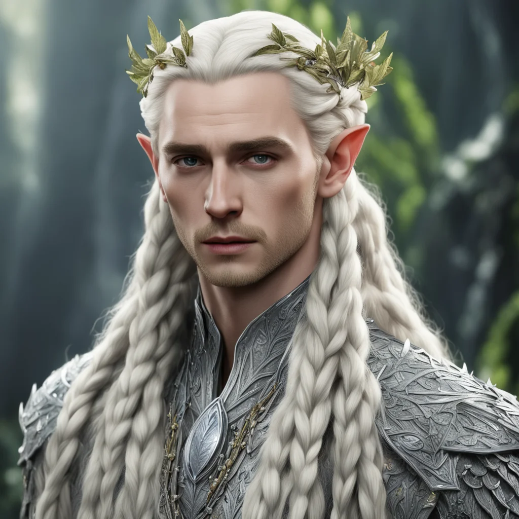 king thranduil with blond hair and braids wearing laurel leaves made of silver and berries made of large diamonds in the hair confident engaging wow artstation art 3