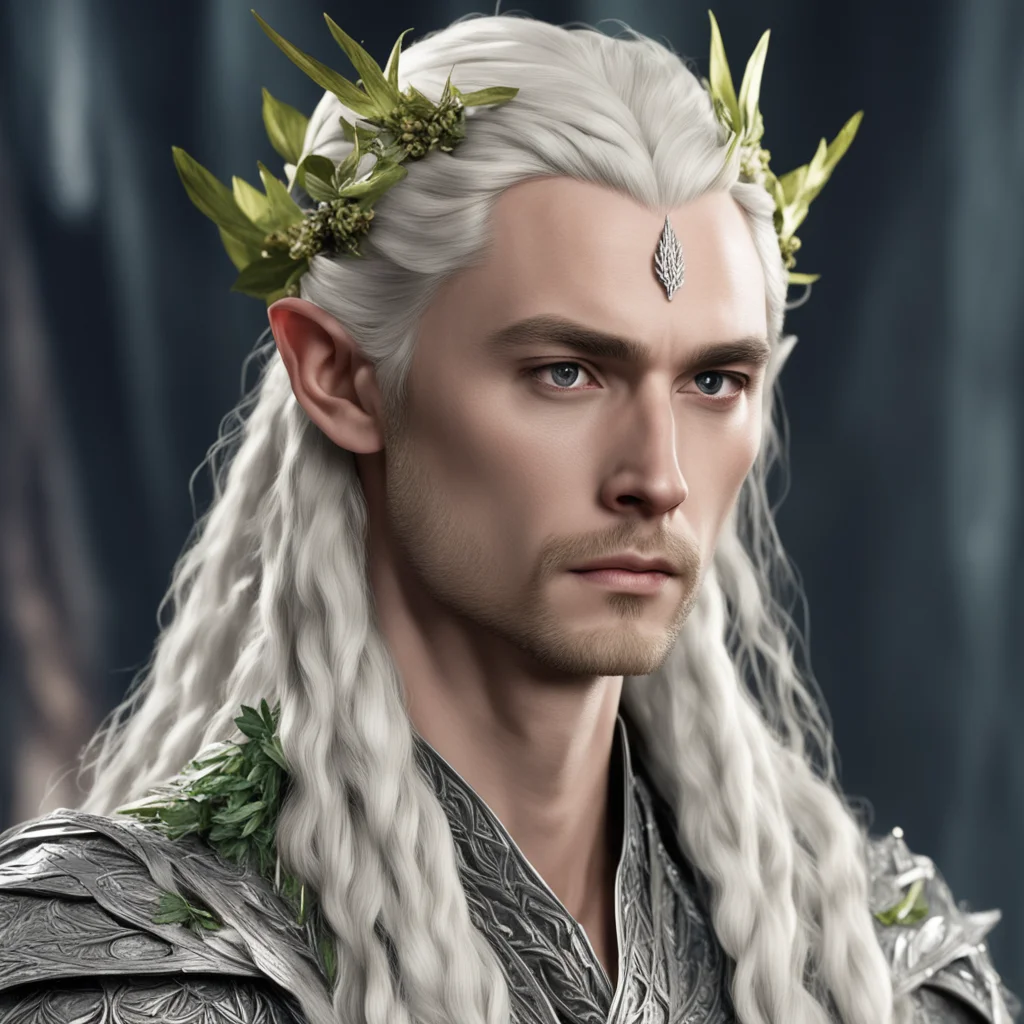 king thranduil with blond hair and braids wearing laurel leaves made of silver and berries made of large diamonds in the hair