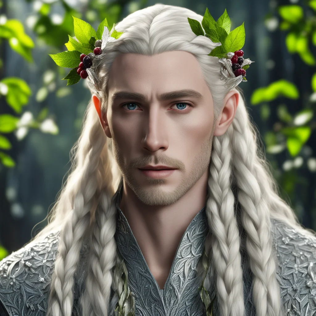 king thranduil with blond hair and braids wearing leaves made of silver and berries made of diamonds in the hair amazing awesome portrait 2