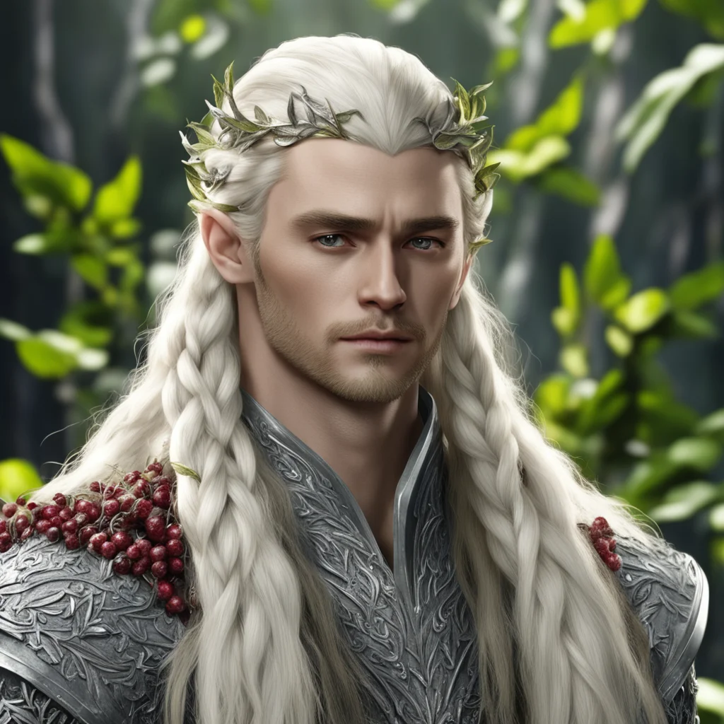 king thranduil with blond hair and braids wearing leaves made of silver and berries made of diamonds in the hair confident engaging wow artstation art 3