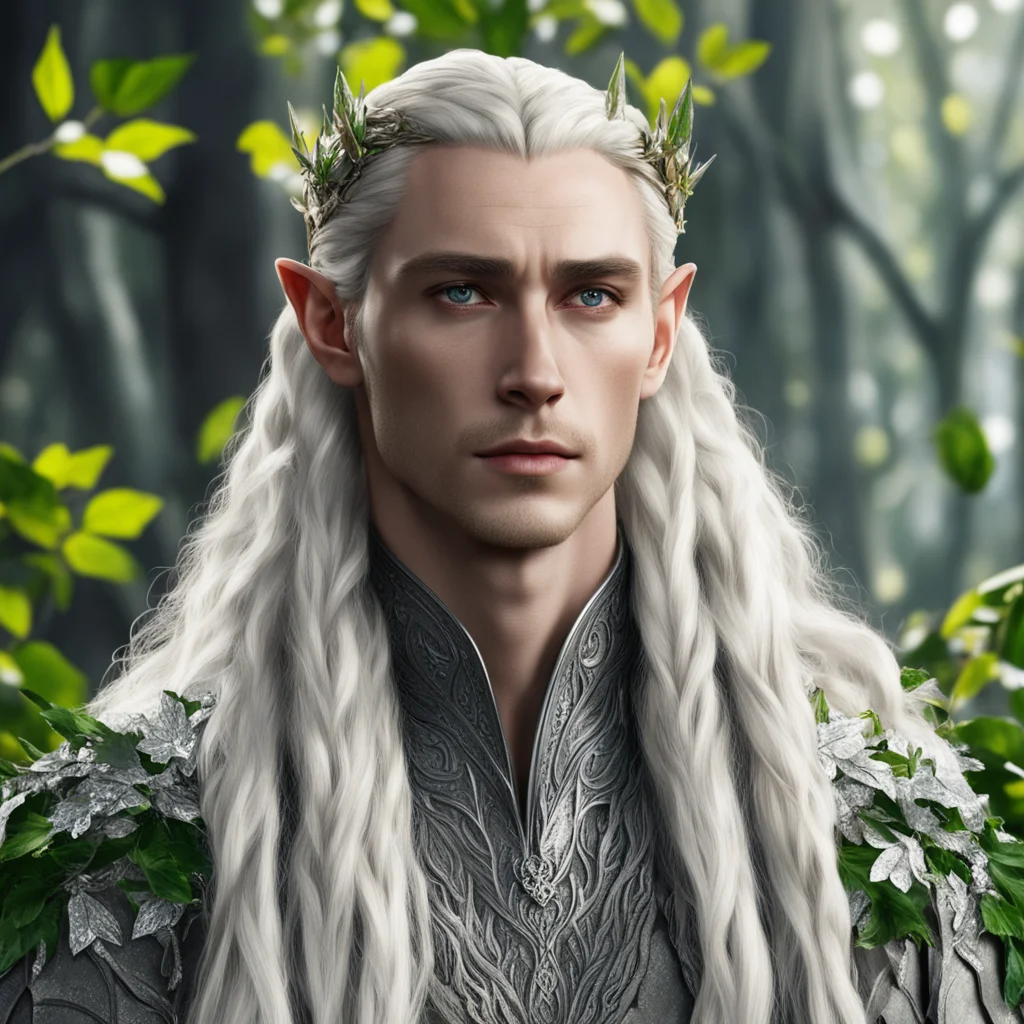 king thranduil with blond hair and braids wearing leaves made of silver and berries made of diamonds in the hair