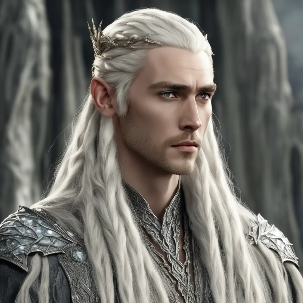 aiking thranduil with blond hair and braids wearing long silver string of large diamonds in the hair amazing awesome portrait 2