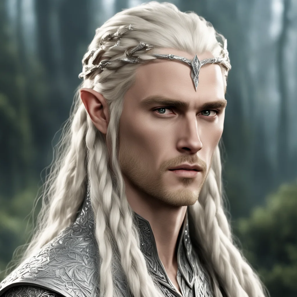 king thranduil with blond hair and braids wearing long silver string of large diamonds in the hair