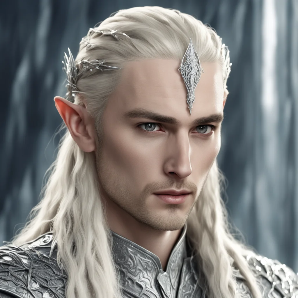 king thranduil with blond hair and braids wearing numerous silver and diamond elvish hair pins with small silver elvish circlet with large center diamond