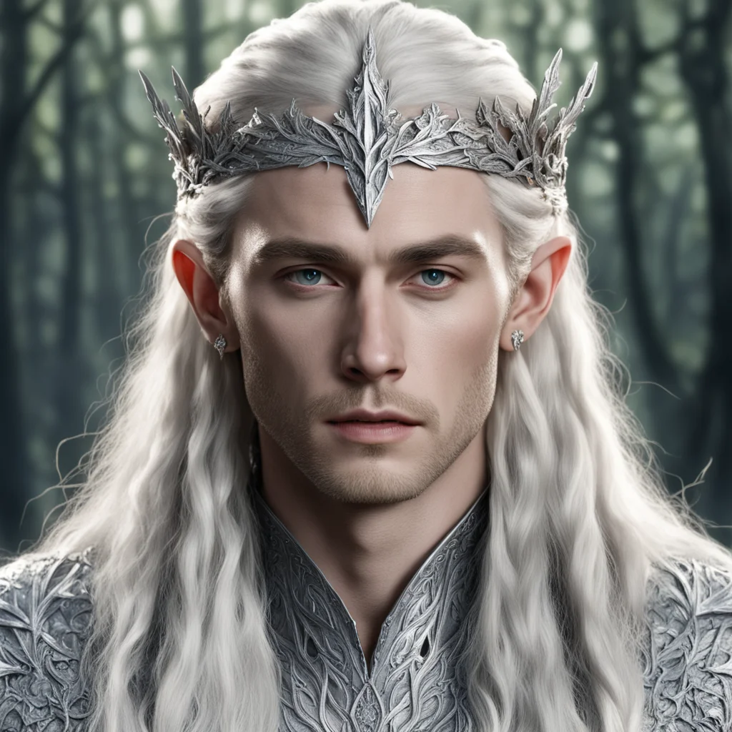 king thranduil with blond hair and braids wearing oak leaves of silver encrusted with diamonds with silver elvish circlet with large center diamond  confident engaging wow artstation art 3