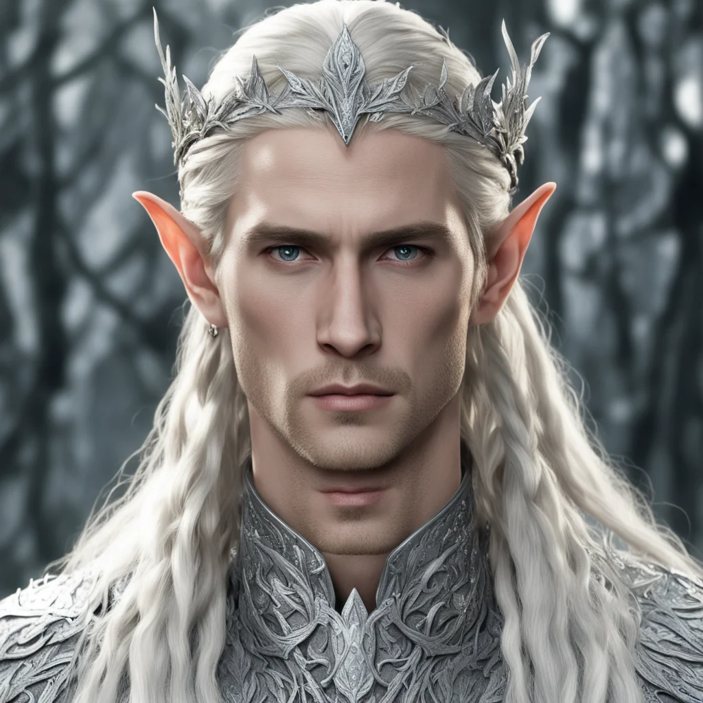 king thranduil with blond hair and braids wearing oak leaves of silver encrusted with diamonds with silver elvish circlet with large center diamond 