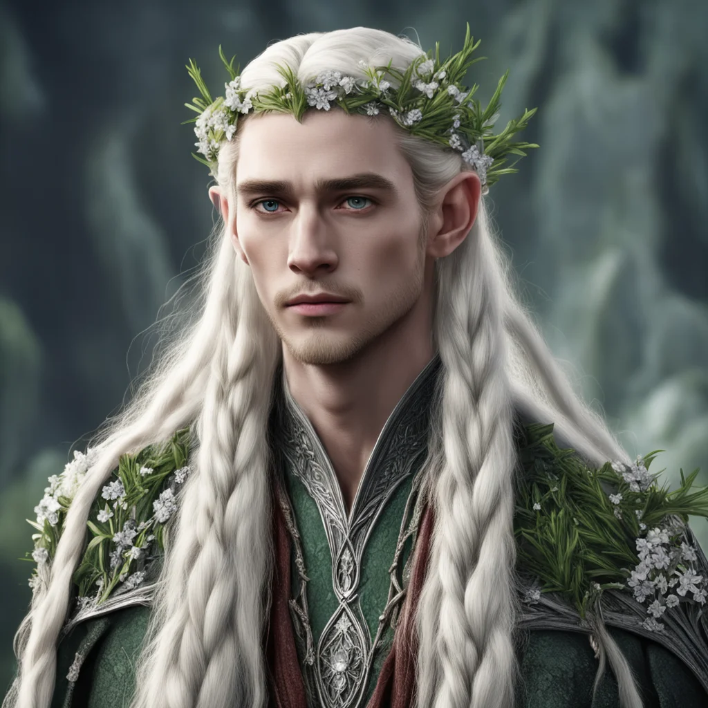 king thranduil with blond hair and braids wearing rosemary twigs made of silver with flowers made of diamonds in hair amazing awesome portrait 2