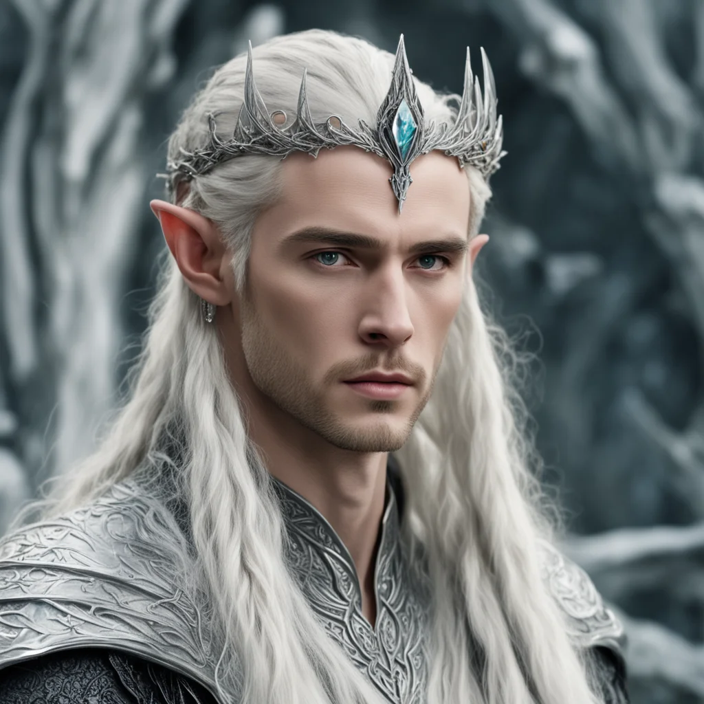 king thranduil with blond hair and braids wearing silver and diamond elvish hair pins and silver serpentine elvish circlet with large center diamond amazing awesome portrait 2