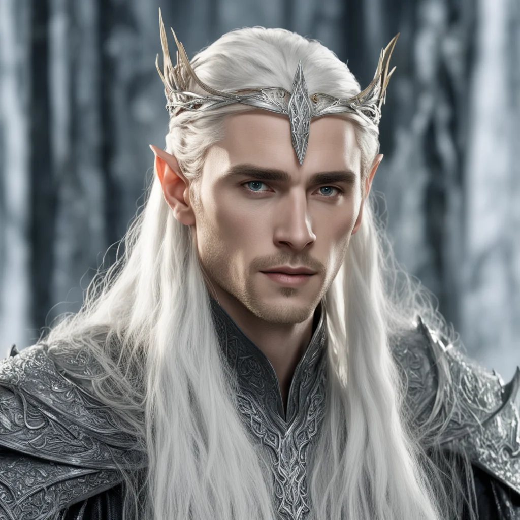 king thranduil with blond hair and braids wearing silver and diamond elvish hair pins and silver serpentine elvish circlet with large center diamond confident engaging wow artstation art 3