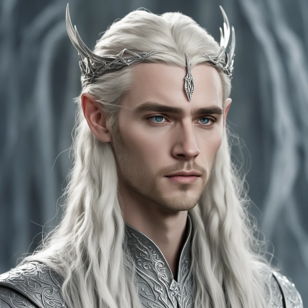 king thranduil with blond hair and braids wearing silver and diamond elvish hair pins and silver serpentine elvish circlet with large center diamond