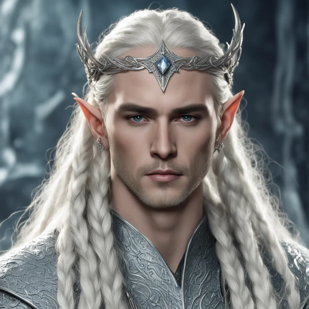 king thranduil with blond hair and braids wearing silver and diamond hair pins with silver serpentine elvish circlet encrusted with diamonds with large center diamond 