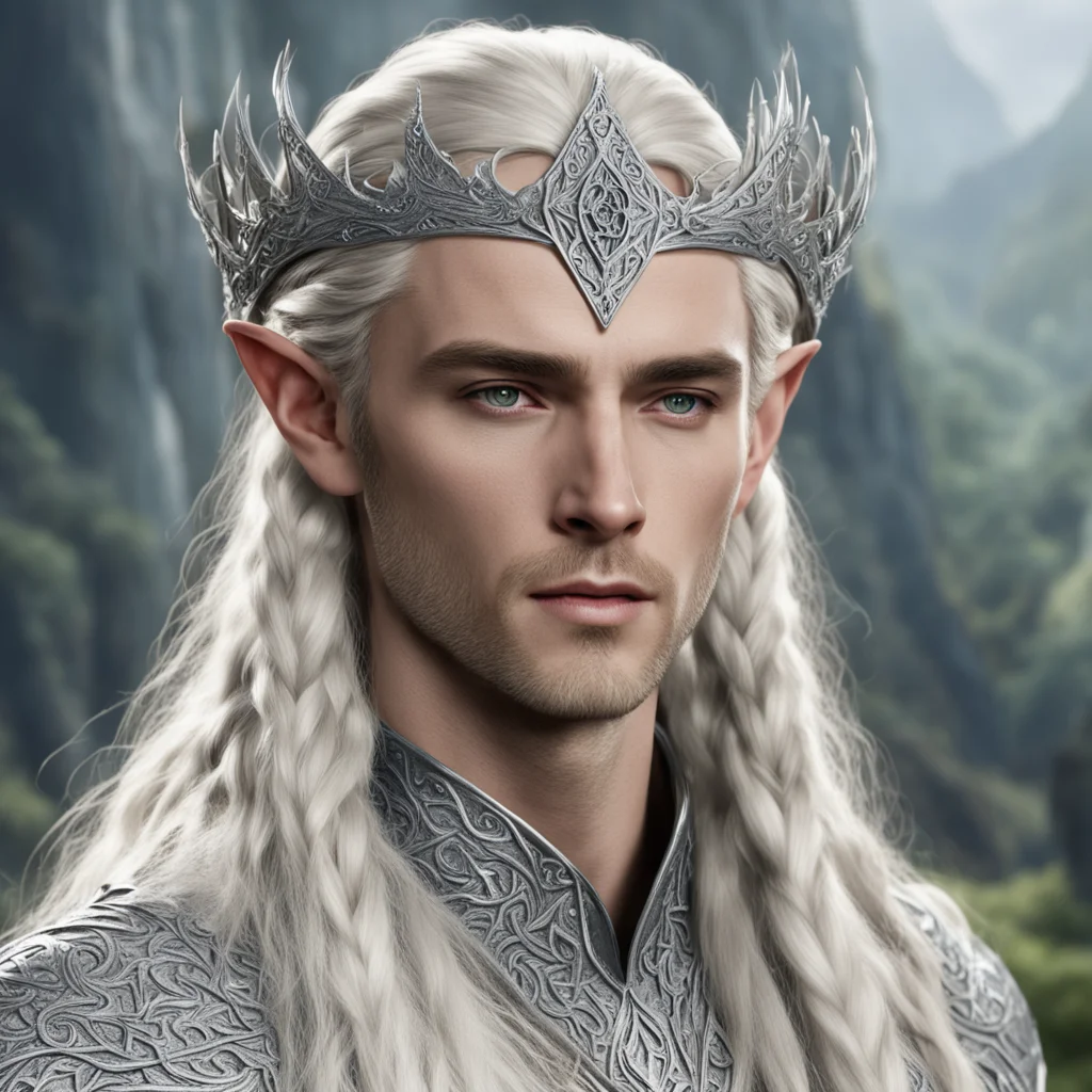 king thranduil with blond hair and braids wearing silver and diamond rosettes to form silver elvish circlet with large center diamond good looking trending fantastic 1