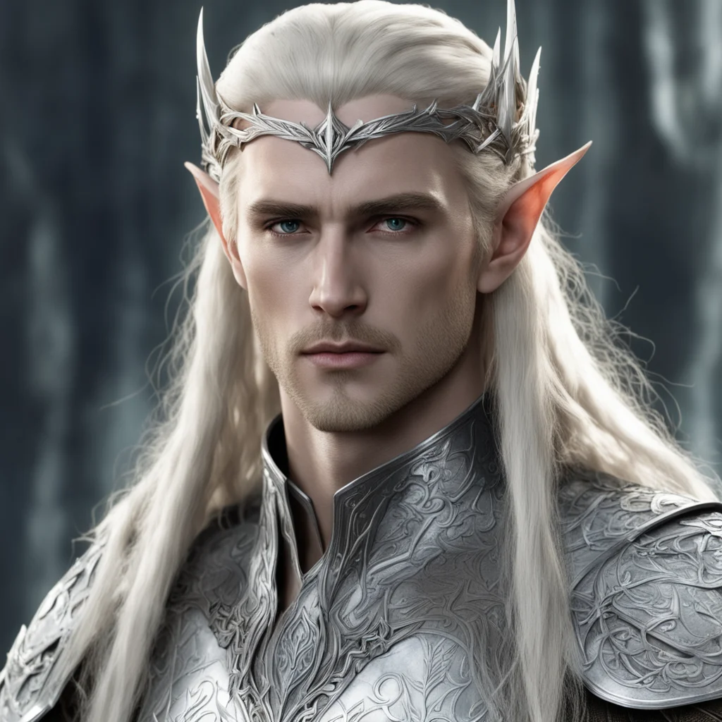 aiking thranduil with blond hair and braids wearing silver armor and silver elvish circlet with large center diamond confident engaging wow artstation art 3